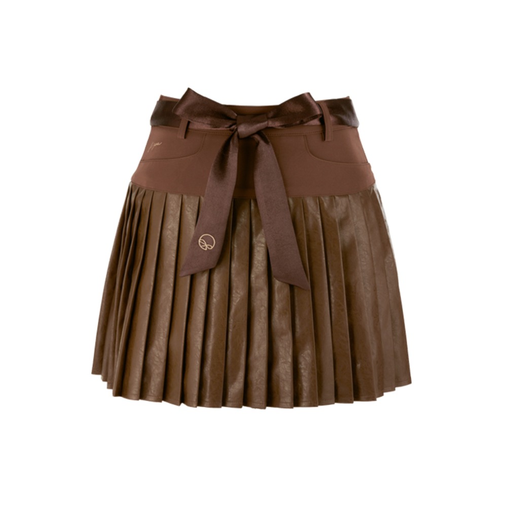 제이제인 새틴 벨트 레더 스커트 Satin belt Leather skirt (Brown)